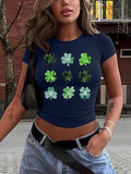 Women's Shamrock Print Round Neck Tee, Casual Short Sleeve Crew Neck T-shirt for Daily Wear, Ladies Clothes for All...