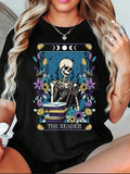 Women's Skeleton & Floral Print Drop Shoulder Tee, Casual Cartoon Graphic Round Neck T-Shirt for Daily Holiday Vacation...