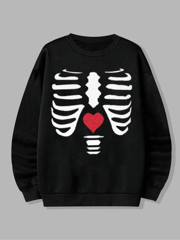 Women's Skeleton & Heart Print Drop Shoulder Sweatshirt, Casual Long Sleeve Round Neck Pullover for Fall & Winter,...