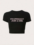 Women's Slogan Print Round Neck Crop Tee, Fashion Casual Short Sleeve Crew Neck T-shirt for Daily Outdoor Wear, Ladies...