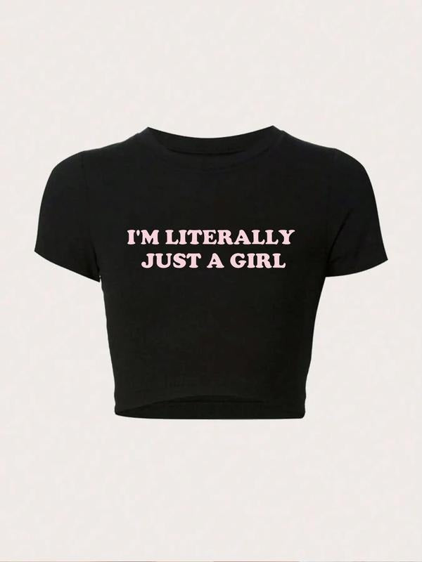 Women's Slogan Print Round Neck Crop Tee, Fashion Casual Short Sleeve Crew Neck T-shirt for Daily Outdoor Wear, Ladies...