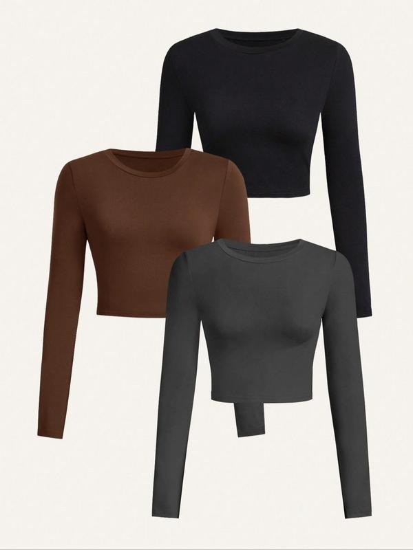 Women's Solid Basic Round Neck Tee, Casual Long Sleeve Crew Neck T-Shirt for Spring & Fall, Fashion Women's Top for Daily...