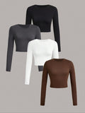 Women's Solid Color Crew Neck Crop Tee, Fashion Casual Slim-fitting Long Sleeve T-shirt for Daily Outdoor Wear, Ladies...