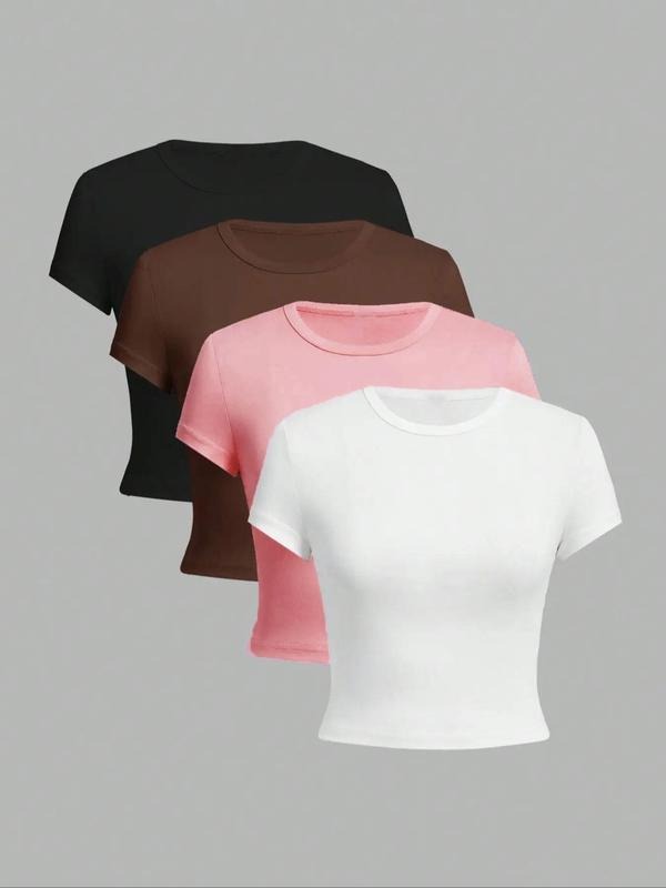 Women's Solid Round Neck Crop Tee, Casual Short Sleeve Crew Neck T-shirt for Summer, Fashion Basic Women's Top for Daily...