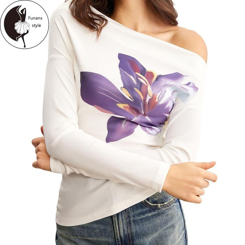 Women's Spring Floral Print Tops Long Sleeve Off Shoulder Trendy  T-shirt Hoodie, Sweatshirt | ZylaModa.com