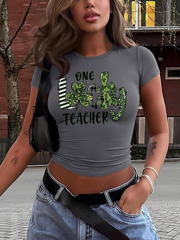 Women's St Patrick's Day Letter Print Crop Tee, Casual Short Sleeve Round Neck T-shirt for Daily Wear, Ladies Clothes for...