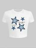 Women's Star Print Round Neck Crop Tee, Fashion Casual Crew Neck Short Sleeve T-Shirt for Daily Holiday Vacation Outdoor...