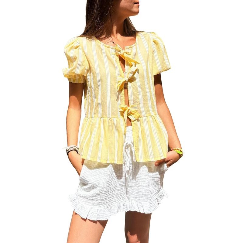 Women's Stripe Print Peplum Tops Short Puff Sleeves Crew-Neck Bow Tie Front Shirt for Summer Beach Polyester Womenswear...
