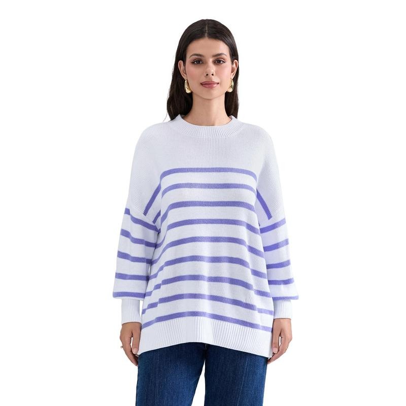 Women's Striped Sweater Drop Shoulder Long Sleeve Round Neck Slit Hem Loose Knitted Tops Knitwear Light T-Shirts, Hoodie,...