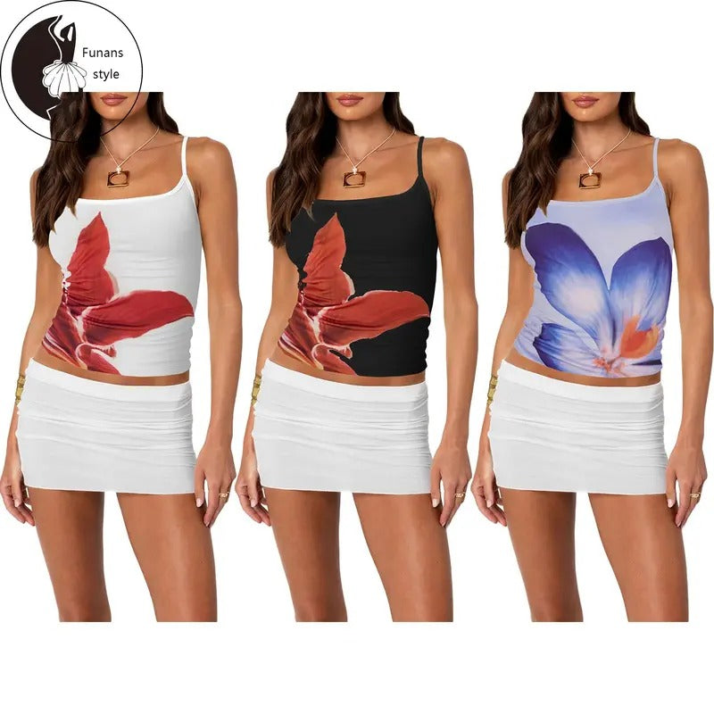 Women's Summer Cami Tops Sleeveless Low Cut Flower Print Fitted Vest for Party T-Shirts, Hoodie, Sweatshirt | ZylaModa.com