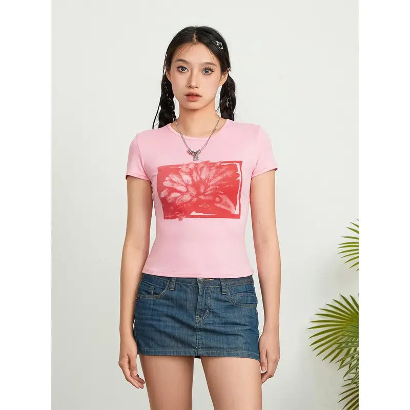 Women's Summer Crop Tops Sketch Lotus Print Short Sleeve Round Neck Baby Tee Streetwear Womenswear Polyester...