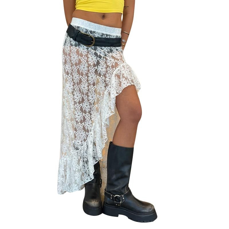 Women's Summer Lace Long Skirt Elastic Waist Asymmetrical Hem Ruffled Midi Skirt for Beach, Party Womenswear Bottom...
