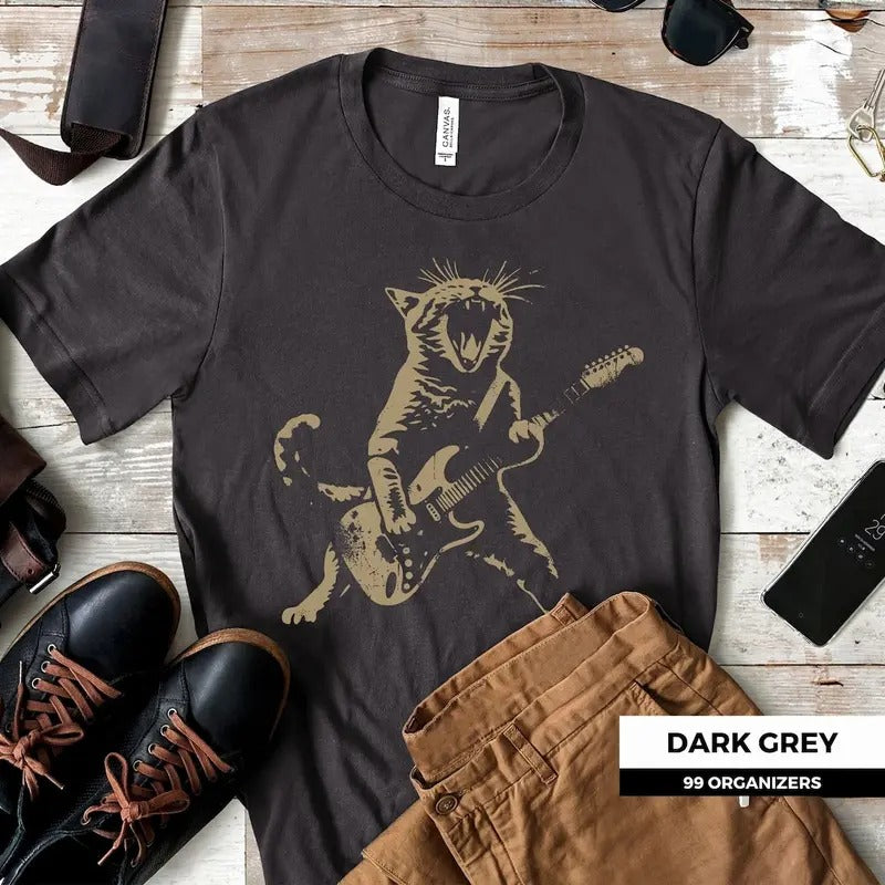 Women's T-Shirt Rock Cat Playing Guitar, Cat Lovers Gift Cotton Top Hoodie, Sweatshirt | ZylaModa.com
