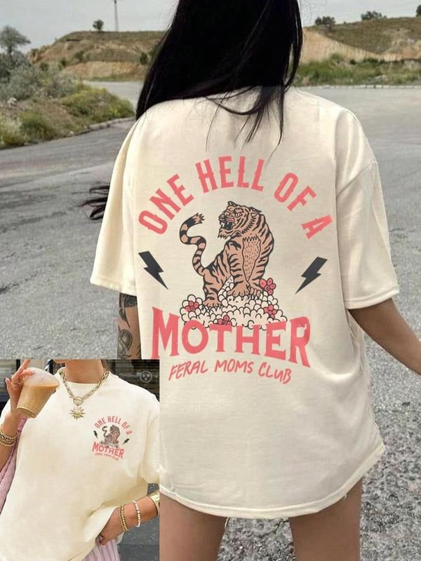Women's Tiger & Letter Print Round Neck Tee, Vintage Trendy Casual Short Sleeve T-shirt for Daily Wear, Ladies Summer,...
