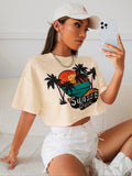 Women's Tropical Print Round Neck Tee, Trendy Casual Drop Shoulder Half Sleeve T-shirt for Daily Wear, Ladies Summer...