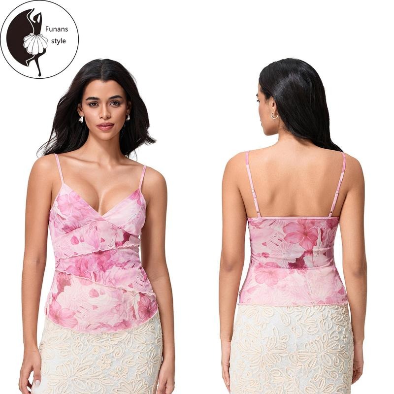 Women's V Neck Cami Tops Sleeveless Spaghetti Strap Floral Print Camisole Mesh Shirt Hoodie, Sweatshirt | ZylaModa.com