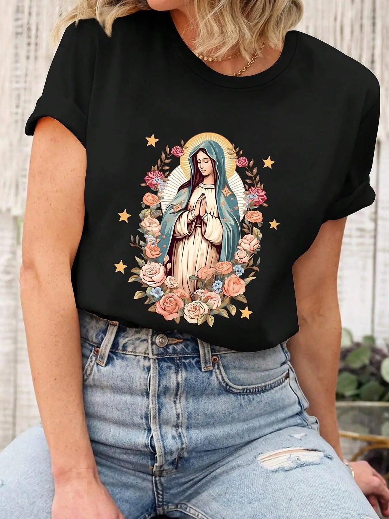 Women's Virgin Mary Print Round Neck Tee, Vintage Trendy Casual Short Sleeve T-shirt for Daily Wear, Ladies Summer Outfit...