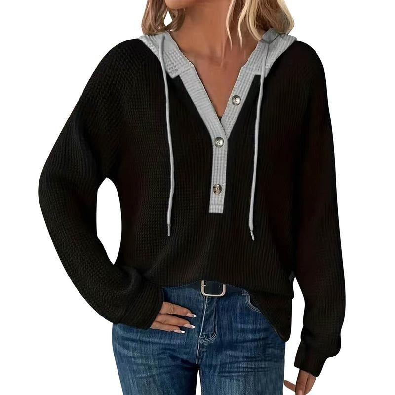 Women's Waffle Hoodie Contrast Color Half Button-up Long Sleeve Raglan Casual Oversized Sweatshirt T-Shirts | ZylaModa.com
