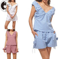 Womens Plaid Sets V Neck Off Shoulder Short Sleeve Tops Bow Elastic Waist Shorts with Pockets 2 Piece Summer Outfit...