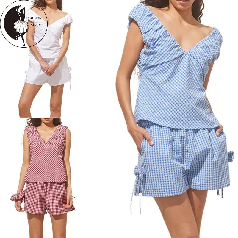 Womens Plaid Sets V Neck Off Shoulder Short Sleeve Tops Bow Elastic Waist Shorts with Pockets 2 Piece Summer Outfit...