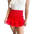 Womens Tiered Ruffled Short Skirts Solid Color Smocked Waist Cute Flowy Mini Skirts T-Shirts, Hoodie, Sweatshirt