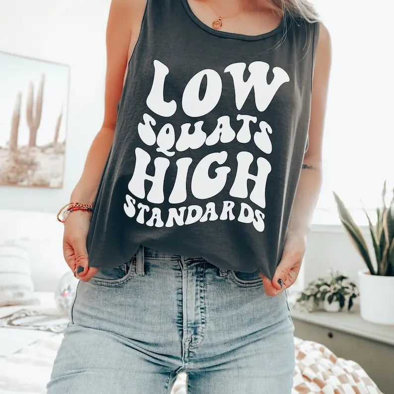 Workout Tank For Women, Low Squats High Standards Shirt, Funny Work Out Top Hoodie, Sweatshirt | ZylaModa.com