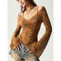 Y2K Mesh Bell Long Sleeve T Shirt Ruched V Neck Lettuce Trim Fitted Tops Hoodie, Sweatshirt | ZylaModa.com
