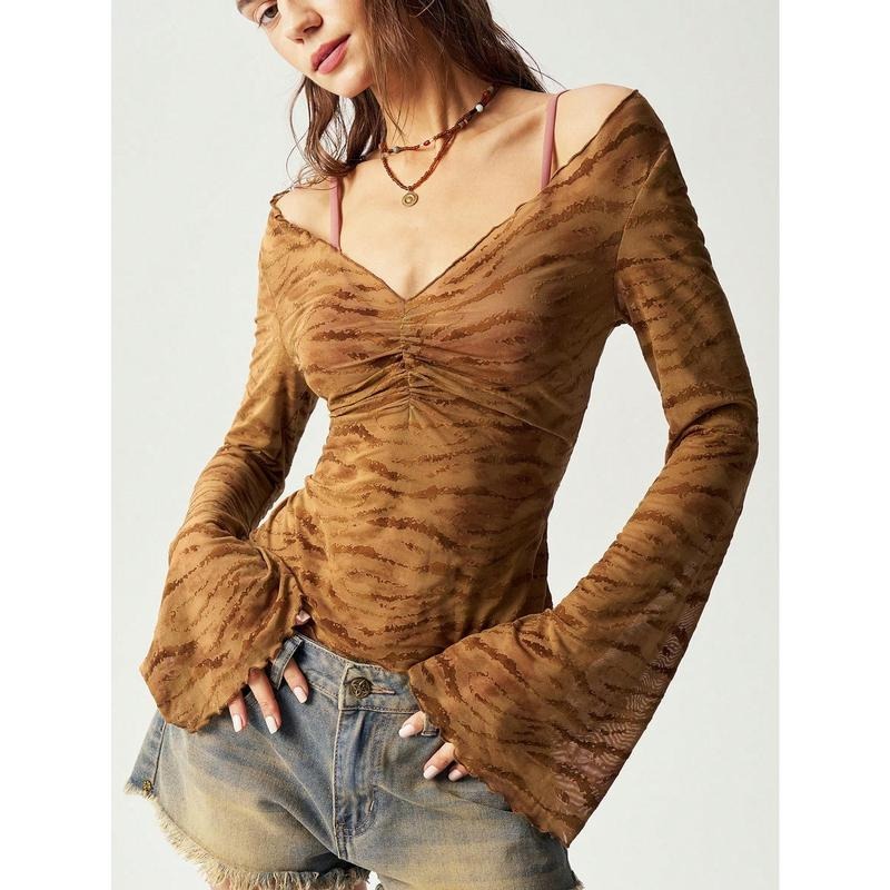 Y2K Mesh Bell Long Sleeve T Shirt Ruched V Neck Lettuce Trim Fitted Tops Hoodie, Sweatshirt | ZylaModa.com