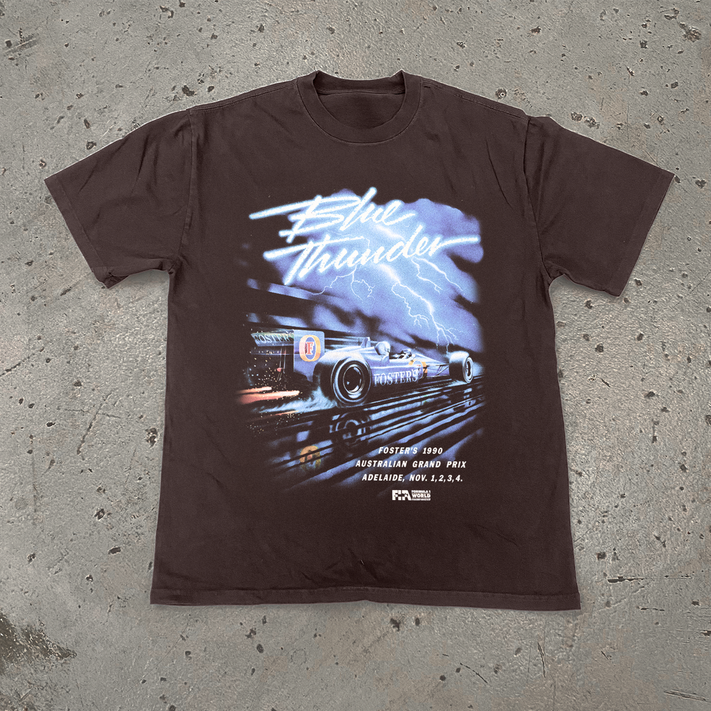1990 AUSSIE GRAND PRIX 'BLUE LIGHTNING' FOSTERS CHOC HEAVY WEIGHT T-SHIRT Hoodie, Sweatshirt | ZylaModa.com (Image 1)
