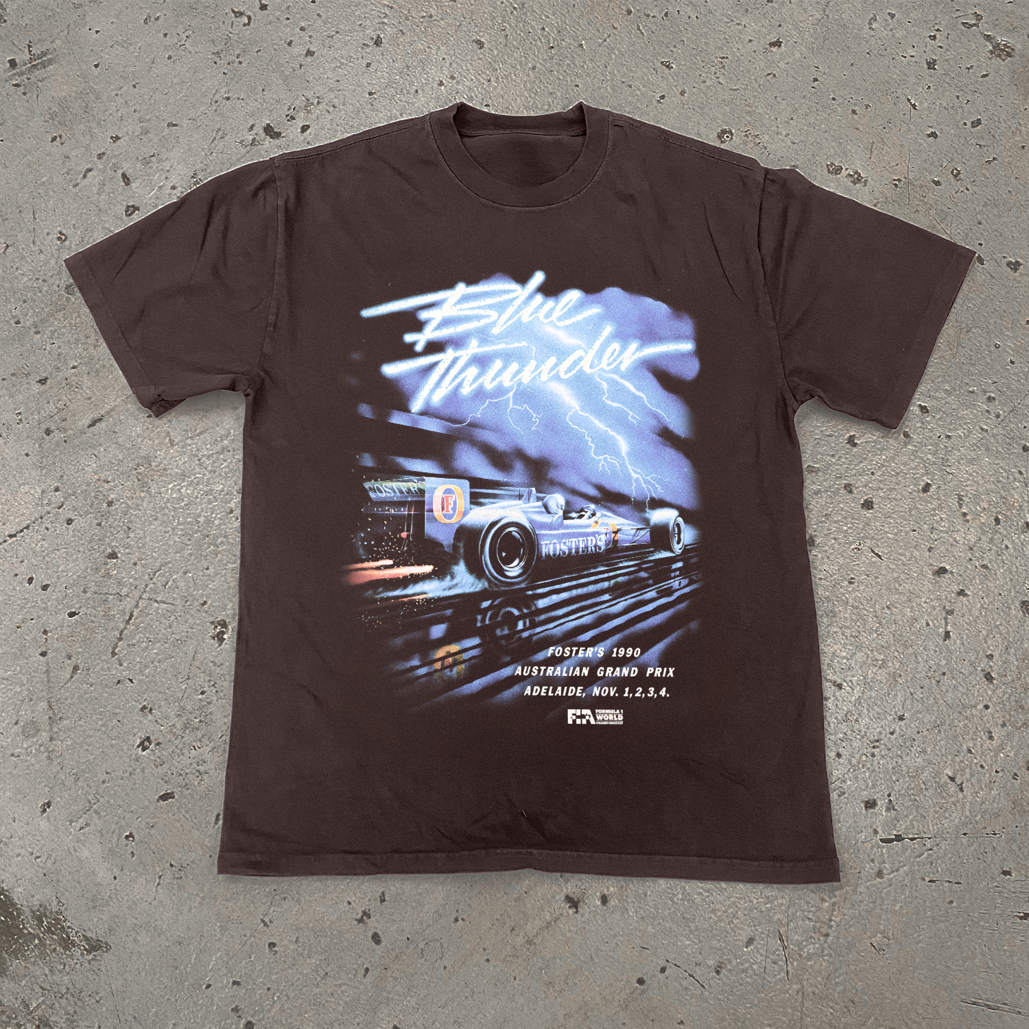 1990 AUSSIE GRAND PRIX 'BLUE LIGHTNING' FOSTERS CHOC HEAVY WEIGHT T-SHIRT Hoodie, Sweatshirt | ZylaModa.com (Image 1)