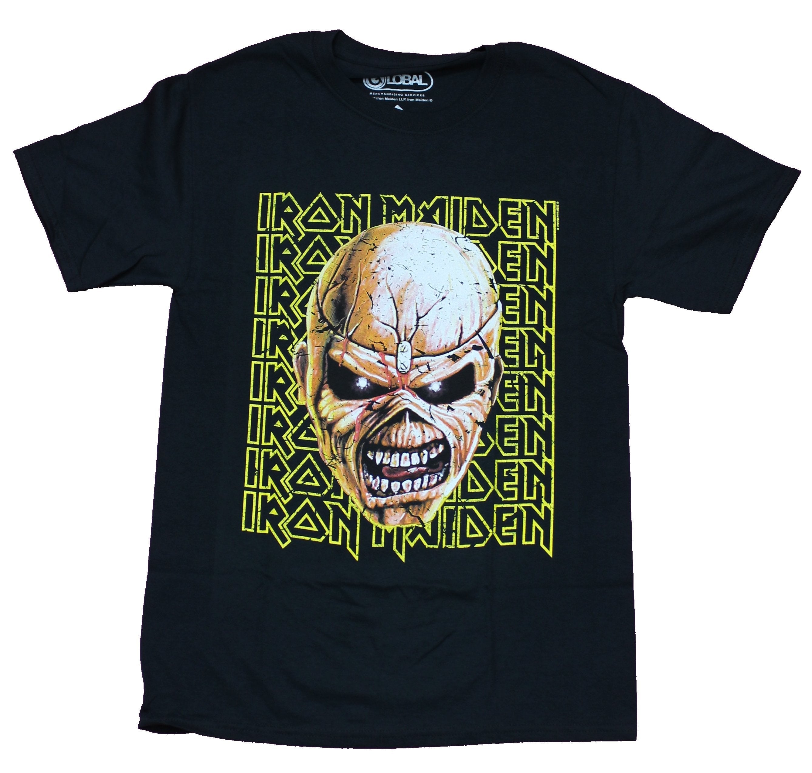 Iron Maiden  Mens T-Shirt - Eddie Face Over Yellow Line Name Drop Hoodie, Sweatshirt | ZylaModa.com